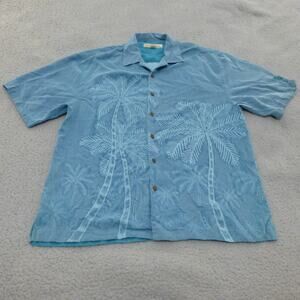 Tommy Bahama Shirt Mens Large Button Up Silk Hawaiian Blue Tropical Short Sleeve